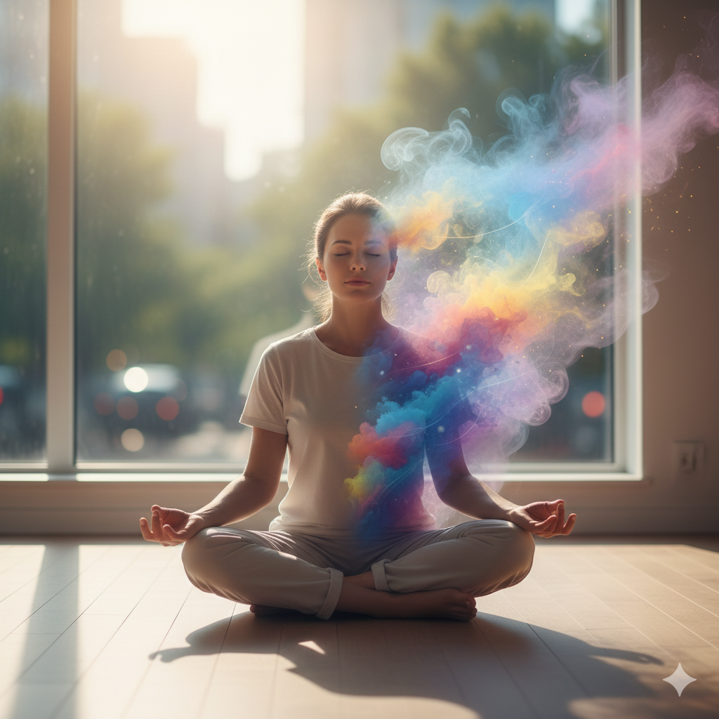 Representação visual de como lidar com a ansiedade através da presença e equilíbrio mental.