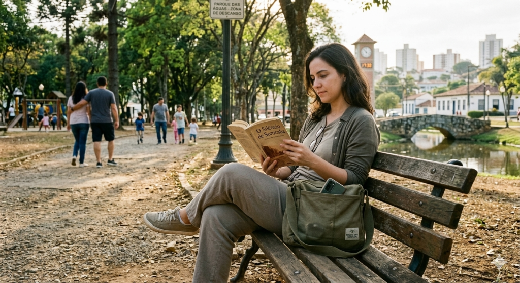 Prática de detox digital e saúde mental em um ambiente natural.